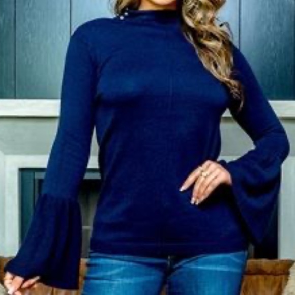 ⭐️ 2/$20 NWT Blue Mock Neck Long Bell Sleeve Sweater - Picture 2 of 4